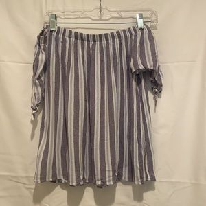 Aqua off-the-shoulder top.